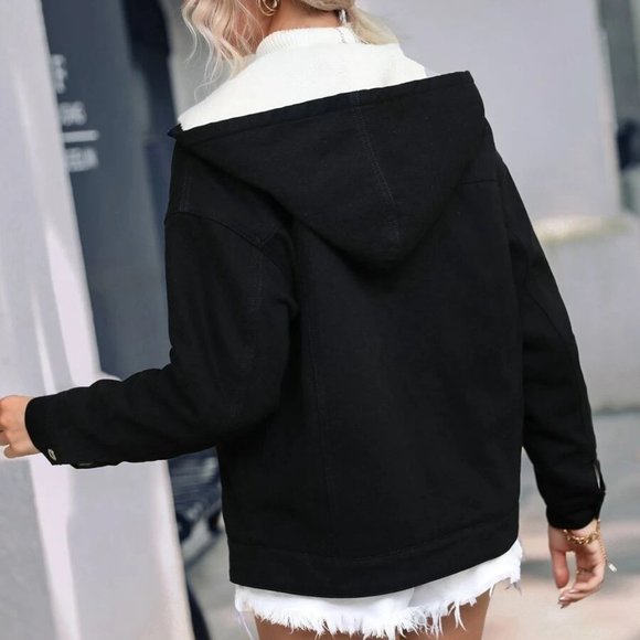 Drawstring Hooded Thermal teddy Lined Black Denim Jacket - Picture 3 of 6